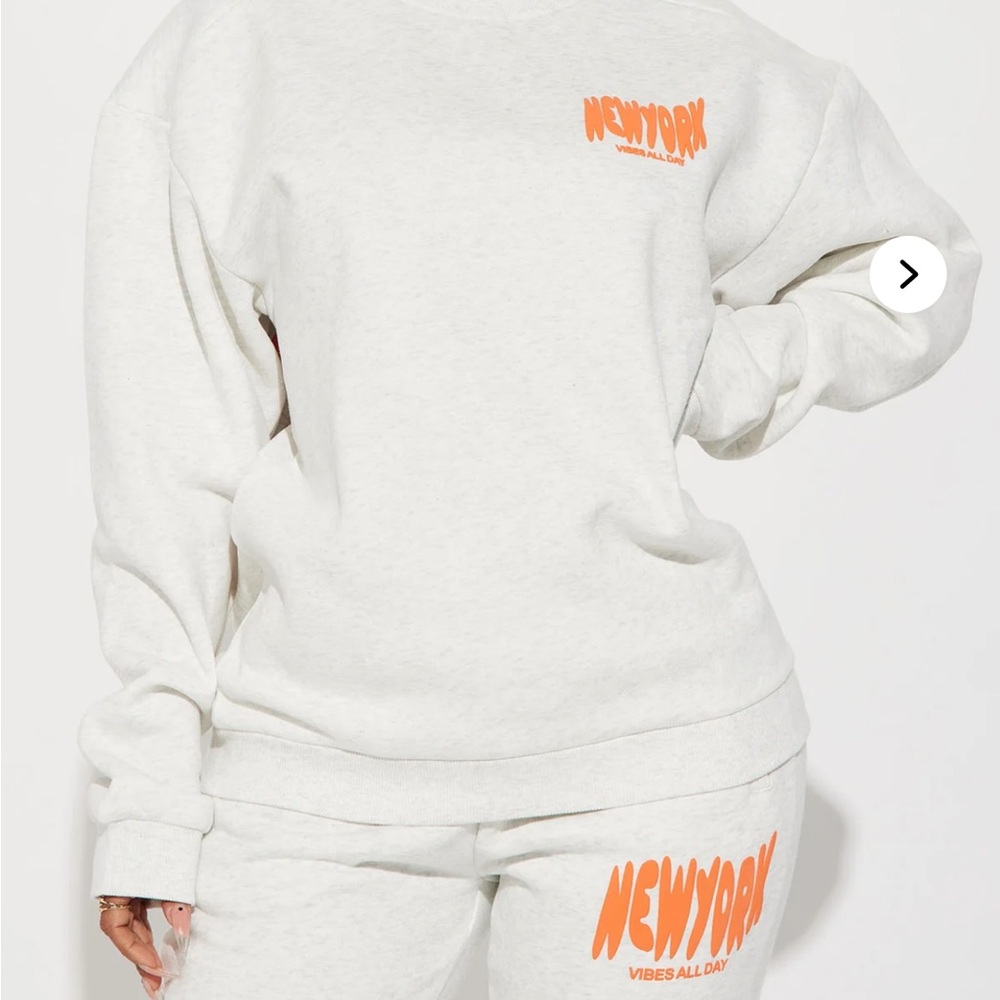 Fashion Nova New York Puff Print Heather Grey and Orange Crew Neck Sweatshirt